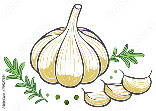 Garlic Bulb and Cloves with Rosemary Sprigs, Aromatic Cooking Ingredients