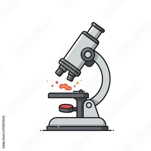 A modern gray laboratory microscope with a vibrant red sample reacting on its stage, symbolizing scientific discovery and detailed research.