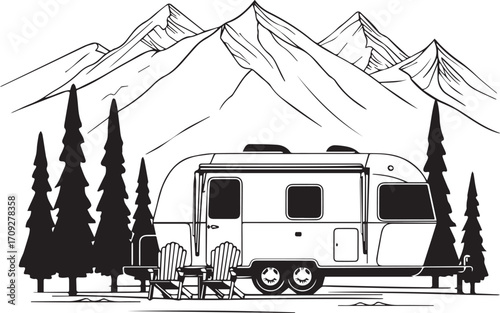 Camping in the Mountains: A stylized illustration of a serene camping scene, featuring a modern camper parked in front of majestic mountains, and two Adirondack chairs setting the mood for relaxation.