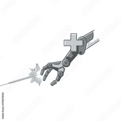 A sleek, futuristic bionic arm, prominently featuring a medical cross, emits a powerful healing ray, symbolizing advanced healthcare technology and AI aid.