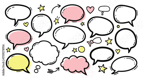 Vibrant hand-drawn speech bubbles and icons for dynamic communication and creative ideas
