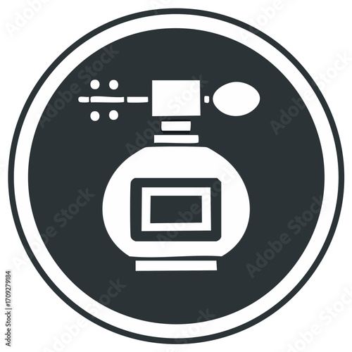 Elegant perfume bottle with atomizer pump spray icon in a circle