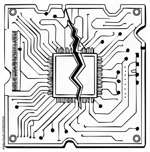 Cracked circuit board design symbolizing computer system failure or technology issues
