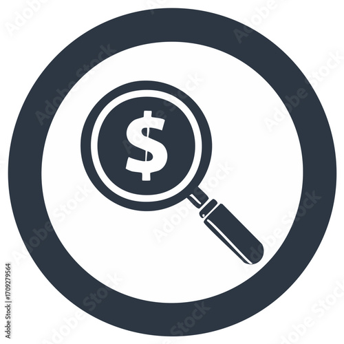 Searching Money: Magnifying glass focuses on a US Dollar sign inside a circular shape