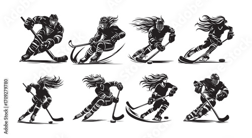 Dynamic Ice Hockey Players Silhouettes in Motion on White Background sport