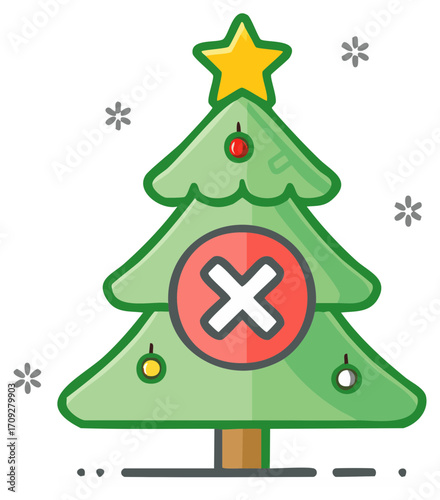 Christmas Tree with Red Circle and Cross Symbol Sign Festive Celebration Issue