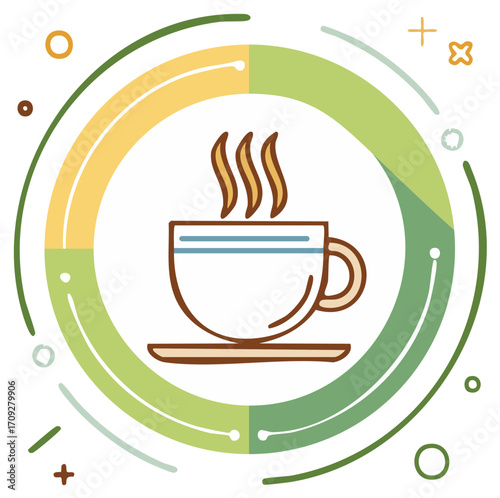 Steaming hot beverage cup outline illustration with abstract circular frame and decorative shapes