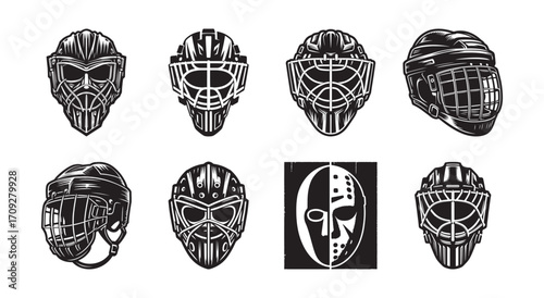 Hockey Goalie Masks and Helmets in Black and White Keywords: hockey, ice hockey, goalie, mask, helmet, protection, sport, game, equipment, face