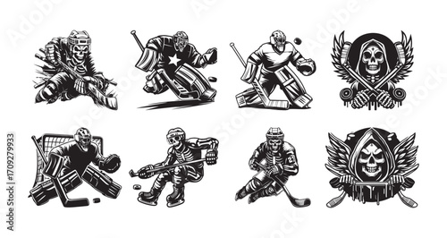 Grim Reaper Hockey Player and Goalie Illustrations Keywords: hockey, ice hockey, grim reaper, death, skull, skeleton, player, goalie, sport, game