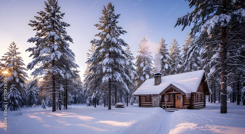 Fototapeta premium Snowy Cabin in Pine Forest