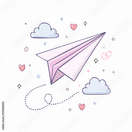 A pink paper airplane soars through the sky, surrounded by clouds, hearts, and stars, leaving a dotted trail.