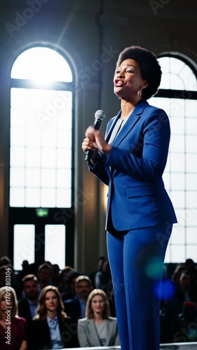 Confident businesswoman inspiring audience with powerful speech in modern auditorium