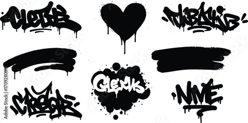 Black graffiti spray paint elements with heart shape on transparent background