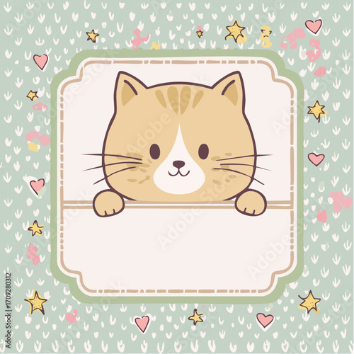 Cute cartoon cat peeking from a decorative frame on a pastel background.