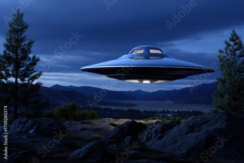 Wallpaper Mural Mysterious U F O Object Gliding Over Rugged Rocky Terrain Underneath an Expansive Cloudy Sky Evoking Intrigue and Wonder in the Natural Landscape Torontodigital.ca