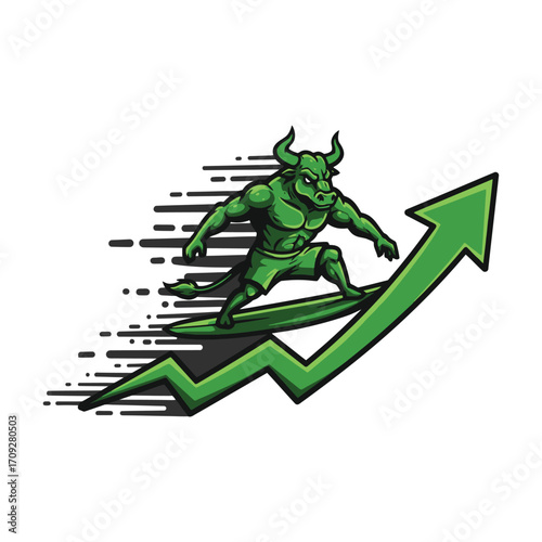 Dynamic green bull mascot charging upwards on growth arrow representing finance, stock market and business progress vector illustration