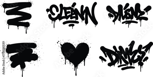 Black spray paint graffiti letters and shapes on transparent background