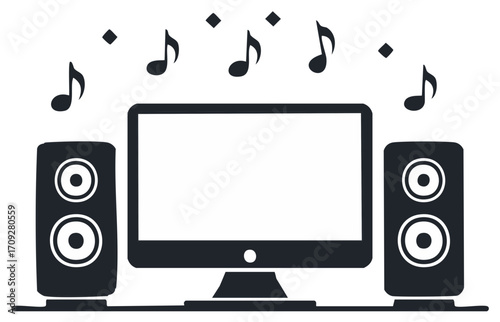 Computer Monitor with Sound Speakers and Music Notes, Sound System Design, Audio equipment Vector Illustration