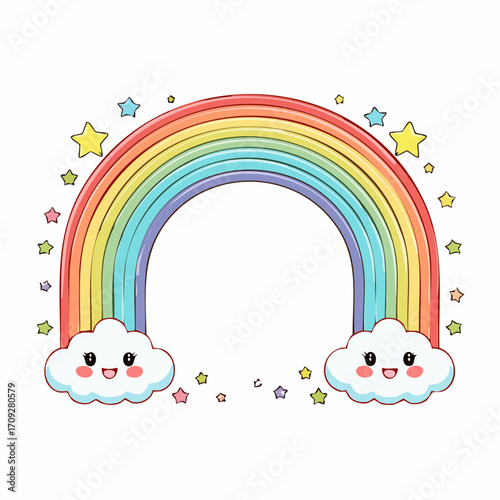 A cheerful rainbow arch flanked by smiling clouds and scattered stars.