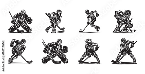 Skeleton Ice Hockey Players and Goalie Silhouettes in Action vector illustration