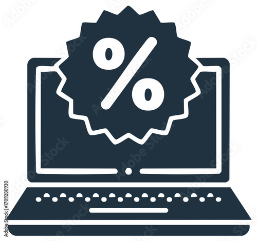 Discount promotion displayed on laptop screen, sale offering with percentage sign illustration for online shopping, special deals available