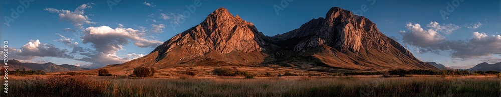 Fototapeta premium Panoramic view of dramatic mountains at sunset over a vast plain
