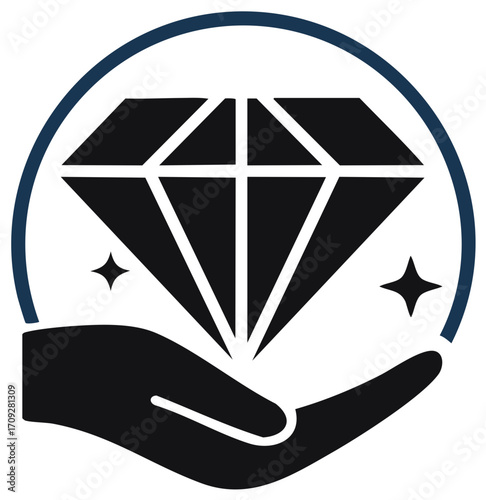 Diamond held in hand icon sparkling within a circle, symbolizing value and care