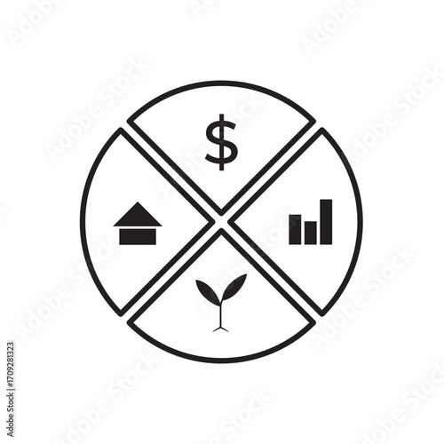 Asset allocation icon vector with segmented circle of finance, property, growth, and investment. Perfect for wealth management, portfolio diversification, financial planning, and investment strategy.