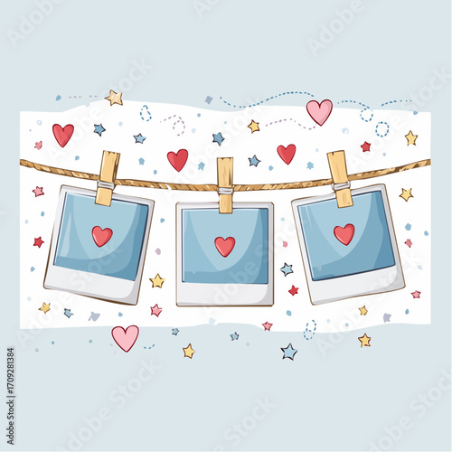 Three heart-filled photos hang on a string with clothespins, adorned by stars and hearts.