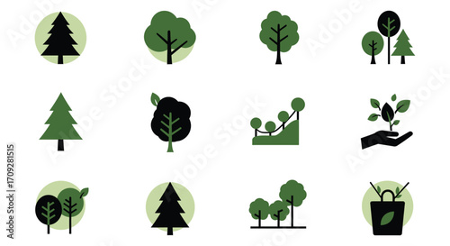 Collection of various green tree and plant icons in circular designs