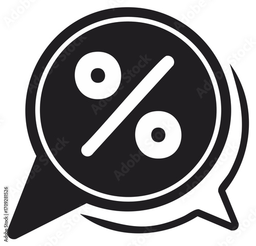 Black and white percentage symbol in speech bubble offers special discount promotions and retail sales marketing campaigns