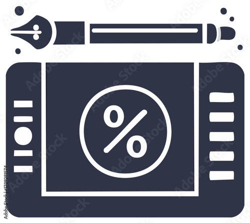 Digital art tablet and stylus with percentage symbol on screen and ink splatters