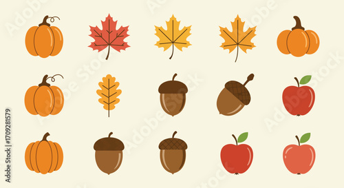 Autumnal elements pumpkins leaves acorns and apples in flat design style