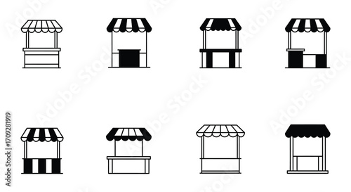 Collection of simple black and white market stall or vendor booth icons