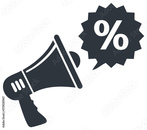 Megaphone Announcing Percentage Discount Symbol for Sale and Marketing Promotions