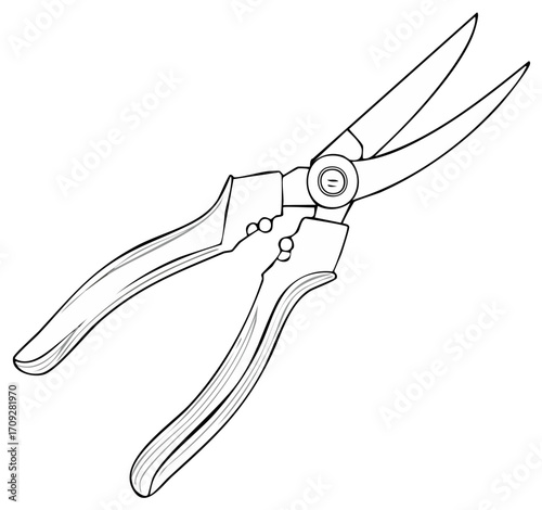 Outline of sharp curved blade garden shears used for pruning plants