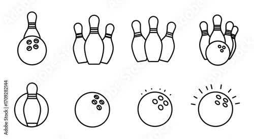 Black and white line art illustration of bowling pins and balls
