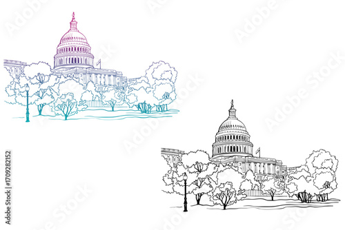 The nice view on Washington DC, USA. Urban landscape. Hand drawn sketch. Line Art. Vector background. Without people. Postcard style.