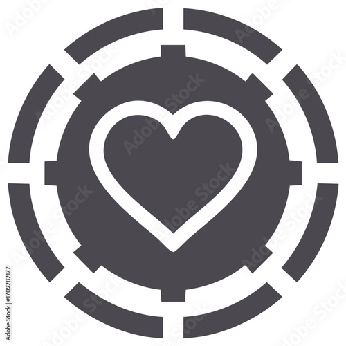 Heart icon within a circular segmented design symbolizing love care and technical connection