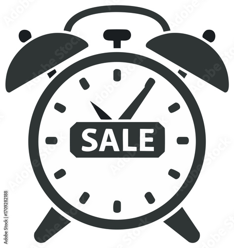 Alarm clock with SALE sign indicating limited time offer icon