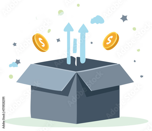 Open cardboard box with rising arrows and gold coins symbolizing financial growth and opportunity