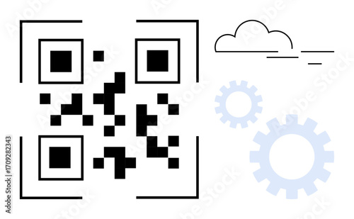 QR code surrounded by blue gears and a minimalistic cloud, emphasizing innovation, technology, and connectivity. Ideal for themes thumbs up digital tools, automation, cloud computing, smart