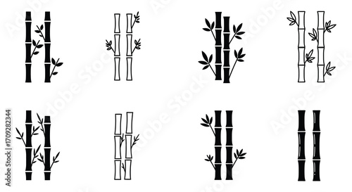 Black and white illustration displaying several arrangements of bamboo stalks