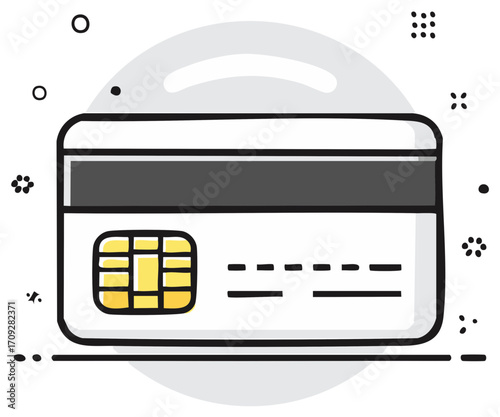 Stylized hand-drawn payment card with EMV chip and magnetic stripe for secure banking transactions