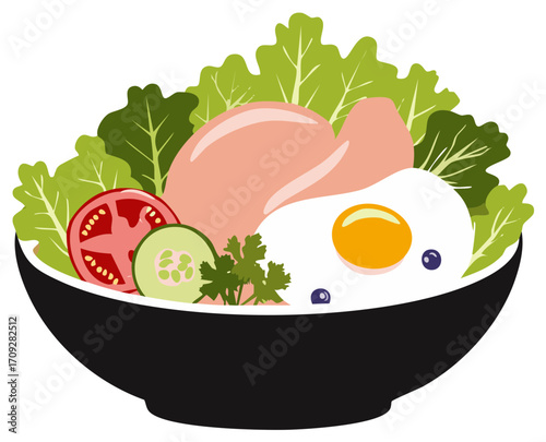 Illustration of Chicken Breast and Fried Egg with Salad Served in a Black Bowl