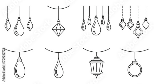 Elegant linear art illustrations of various decorative hanging light fixtures