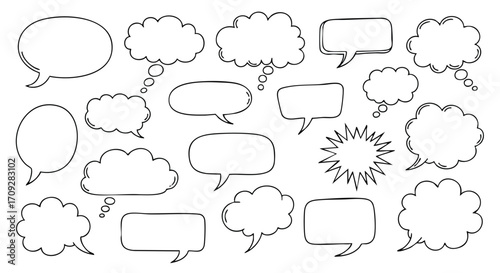 Hand drawn speech bubbles and thought clouds for social media or website design, conversational and modern