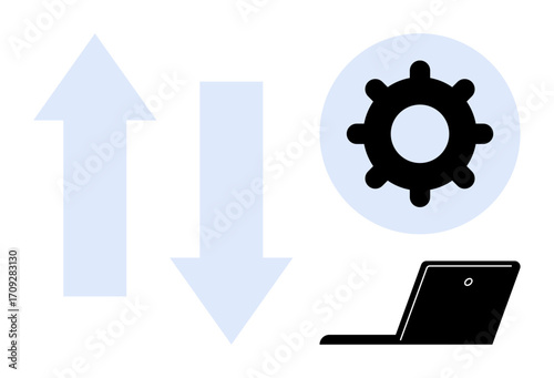 Up and down arrows, gear icon, and laptop. Ideal for automation, process optimization, data synchronization, system integration, workflow management, technology solutions efficiency improvement