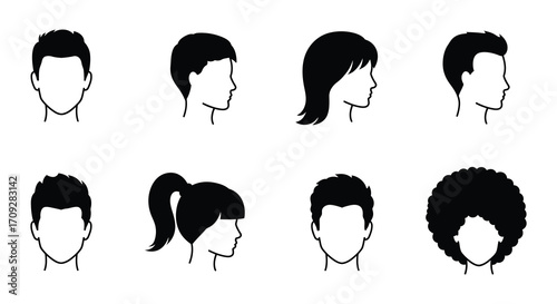 Collection of diverse black silhouette head and hairstyle icons displayed