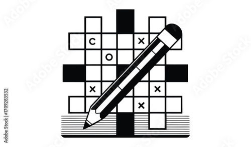 Pencil and crossword puzzle with tic tac toe elements
